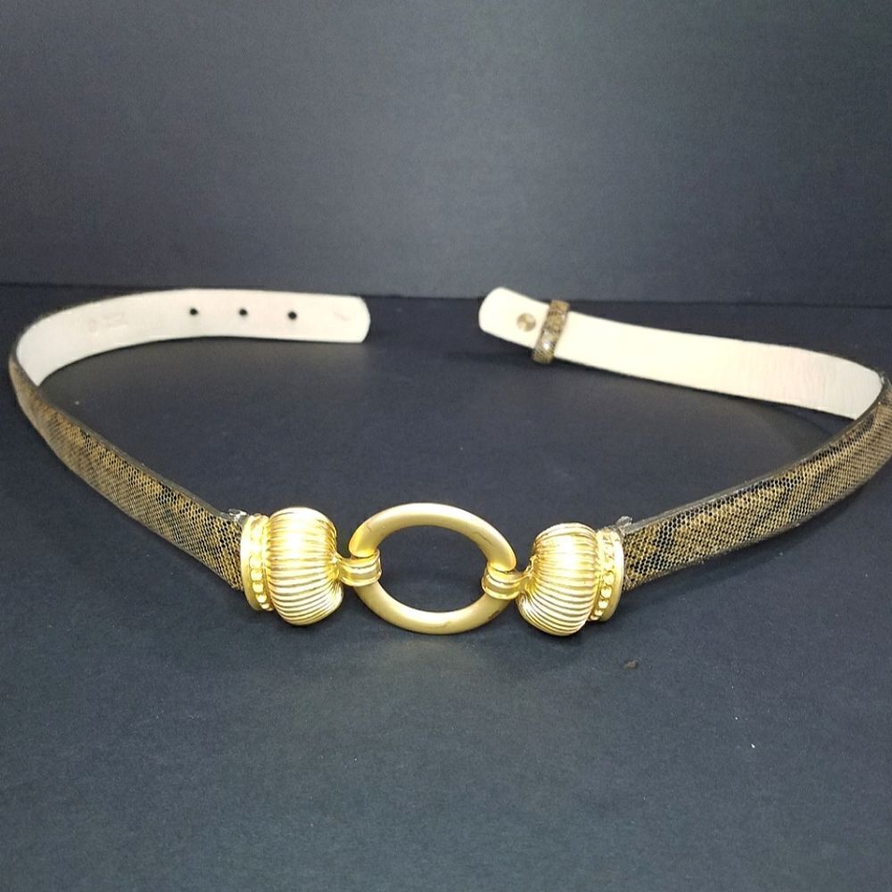 Vintage Worth Tan Leather Snakeskin Pattern Gold Tone Metal Crown Buckle Belt S